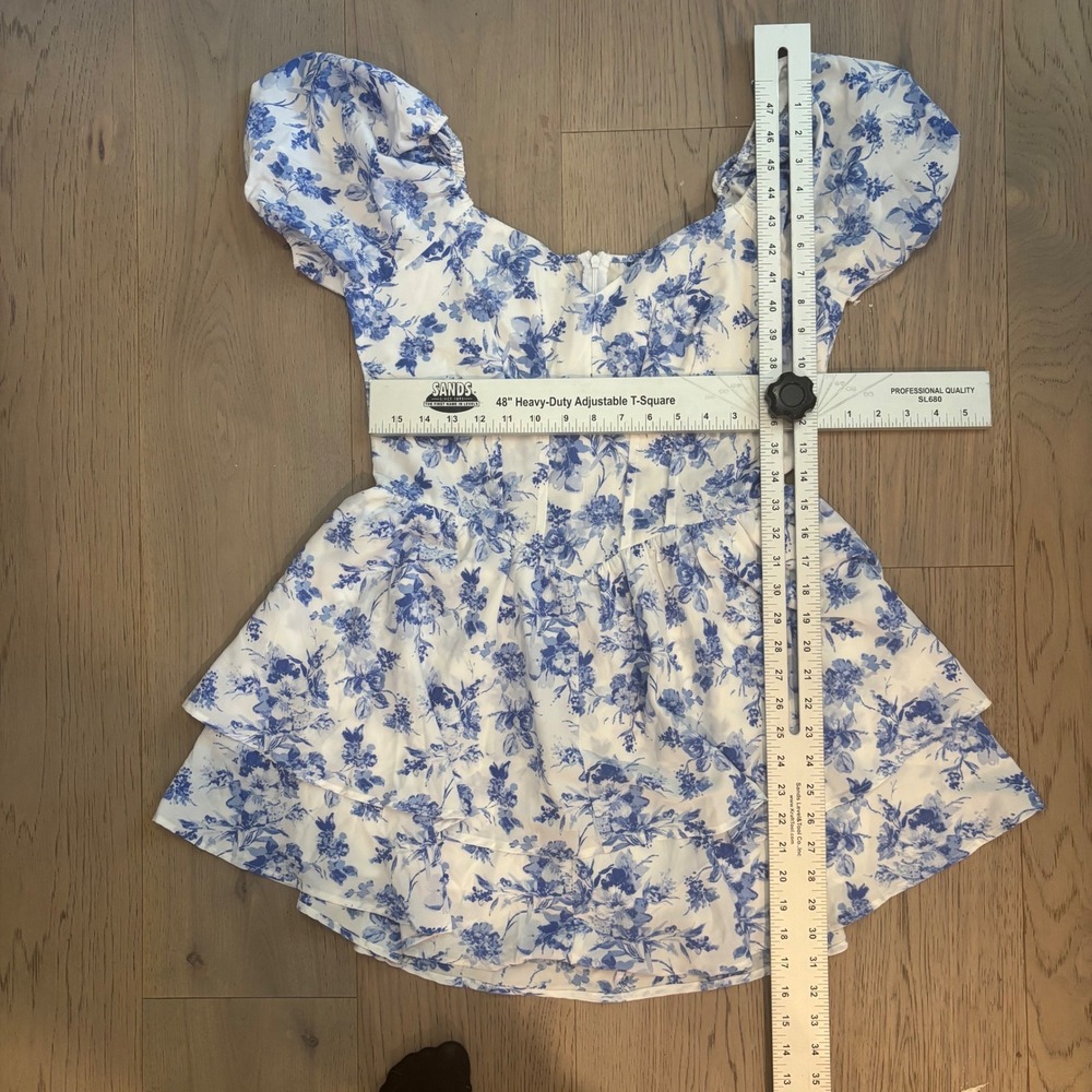 NWT Floral Mini Romper Blue White Puff Sleeve Corset Ruffle Tiered Cottagecore - Picture 6 of 6